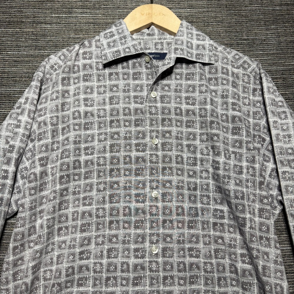 Zegna Sport Button Up Shirt Men L Gray Geometric LS Luxury Designer